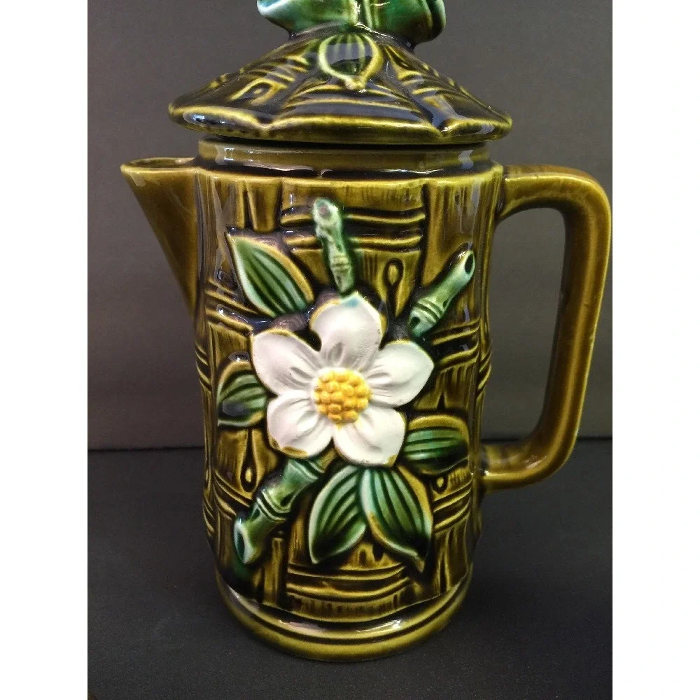 Vintage TILSO Japan Hand Painted‎ Tea Coffee Pot Cream Sugar Bamboo Motif